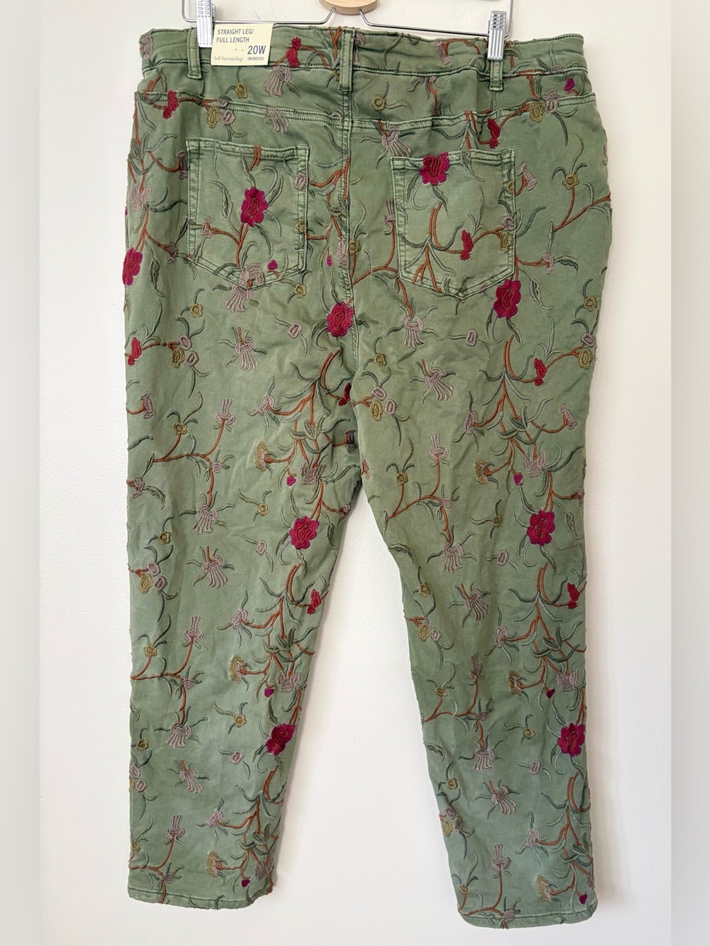 NWT Soft Surroundings Embroidered Floral Straight Leg Pants Sage Green 20W